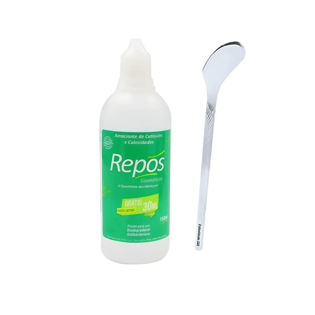 Amaciante de Cutículas e Calosidades 150ml Repos + Espátula Ref 222 em Aço Inox Cutemax