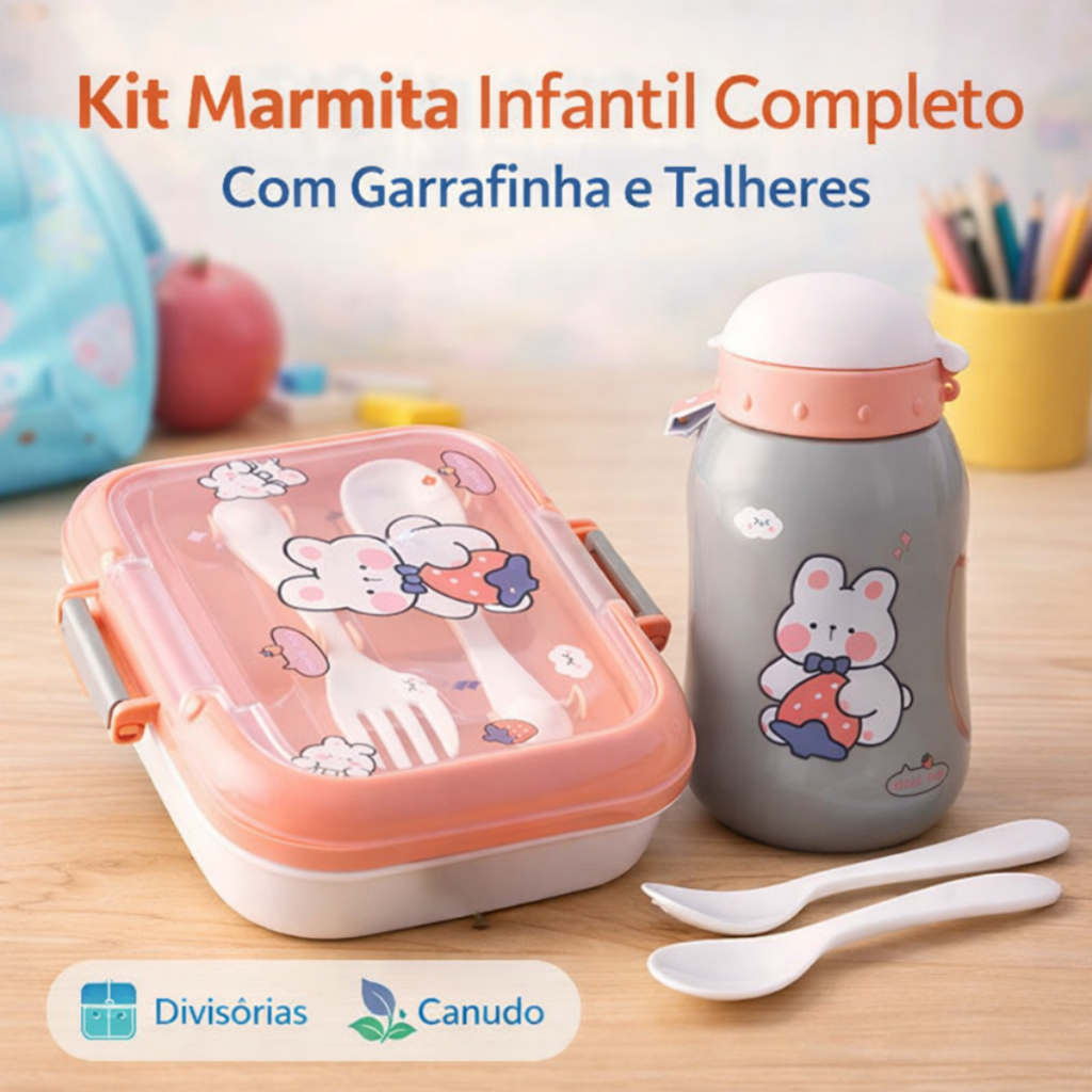 Kit Lancheira Marmita Infantil Pote Com Divisórias Talheres e Garrafinha Lancheira Escolar