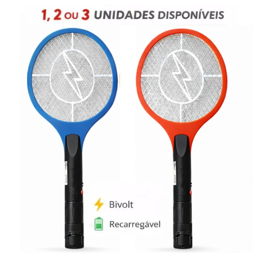 Raquete Elétrica Mata Mosquito Pernilongo Moscas Recarregável Bivolt LED Kit 1 2 3 Unidades