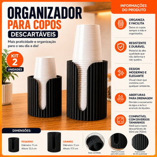 Organizador Para Copos Descartáveis Kit 2 Suporte Porta Copos Café Água 50ml 180ml 200ml 300ml Organizador Bancada Cozin