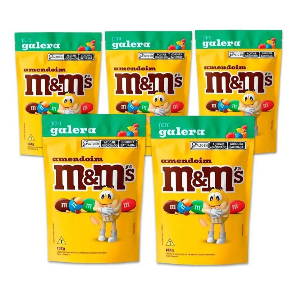 Kit 5 Confeito de Chocolate M&M's Pouch Sabores MM Combo M&M Amendoim 132g