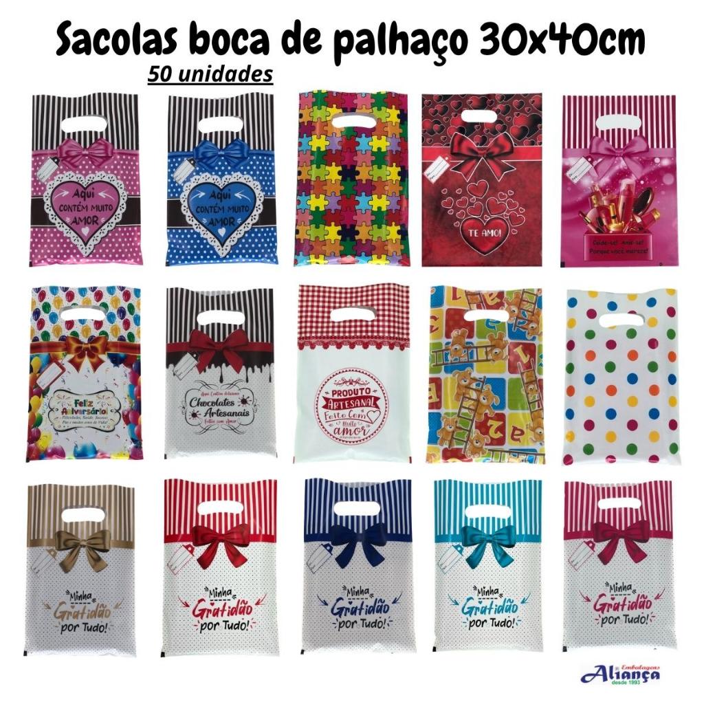 50 Sacolas Boca de Palhaço 30x40cm Estampadas