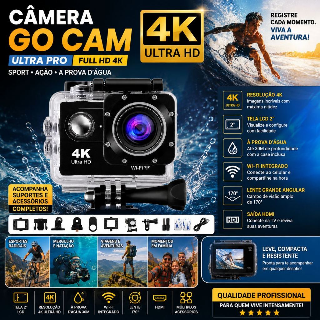 Câmera de Ação 4k  Go Cam Ultra Pro Full Hd Sport Ação A Prova D'água