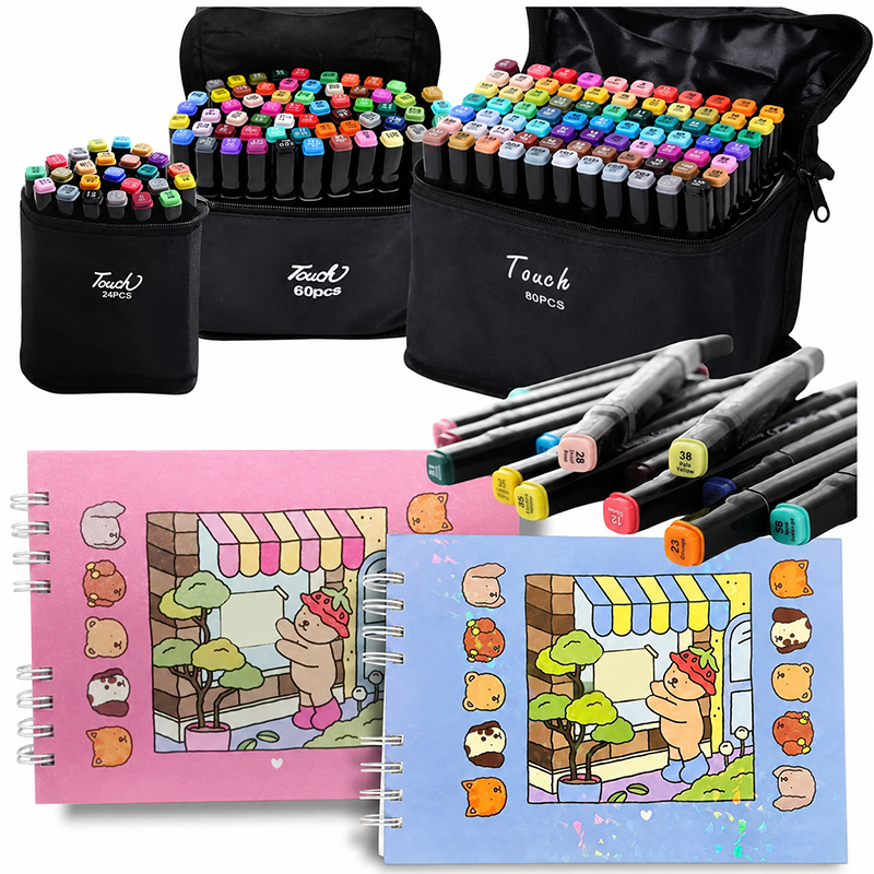 Kit 24-80 Cores Caneta Marcadora Ponta Dupla Profissional - Para Arte e Material Escolar