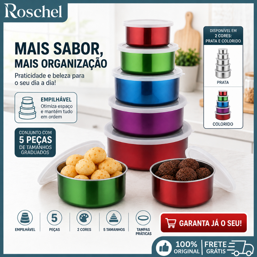 Kit 5 Potes Tigelas Inox Com Tampa Redondo Stackable Para Cozinha Organizada e Alimentos Frescos