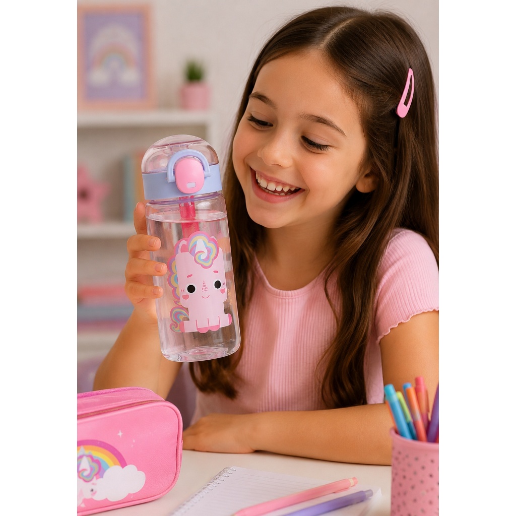 Copo Infantil Garrafa Canudo Silicone 400ml Antivazamento Criança Bpa Free Tampa Flip Alça Escolar