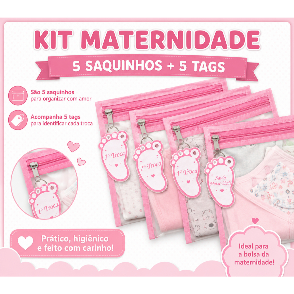 Kit 5 Saquinho Organizador Bolsa Maternidade + Tags de Identificação Chaveiro