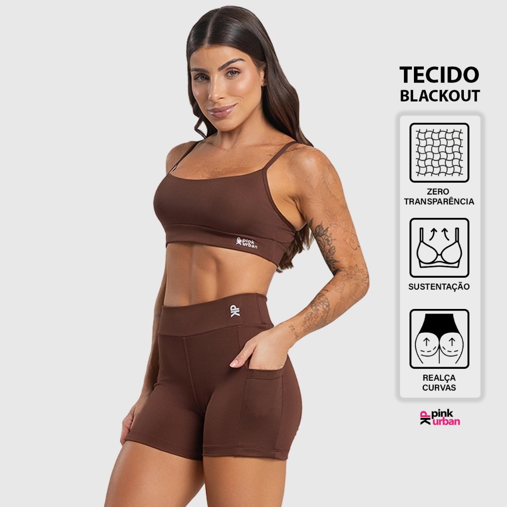 Imagem Conjunto Fitness Feminino Top Alça Short Bolso Cintura Alta Balance Blackout Zero Transparência
