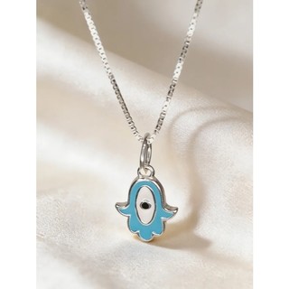 Colar Veneziana Prata 925 Pingente Mão De Fátima Azul Feminino