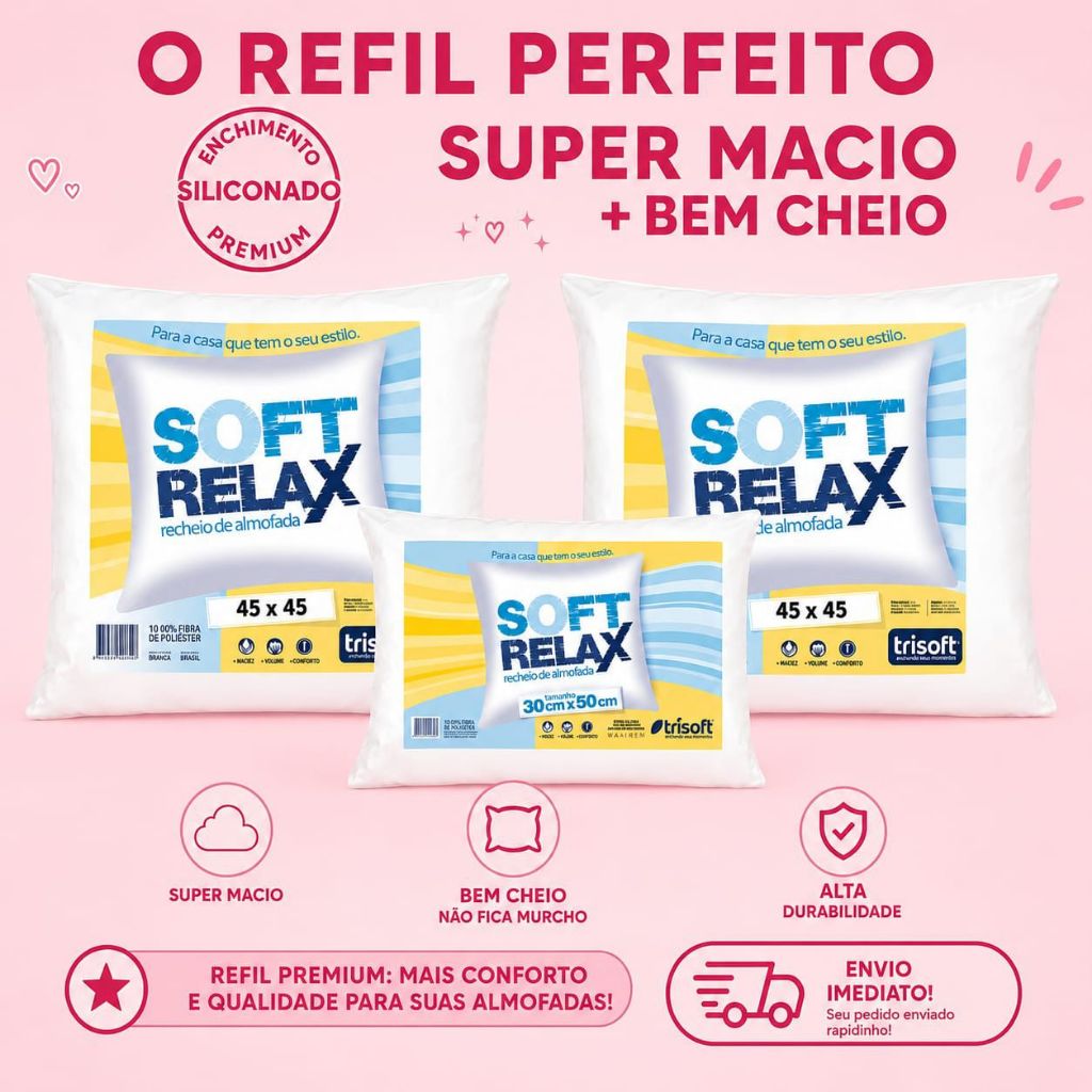 Combo 3 Enchimentos Almofadas (2 Refil 50x50 + 1 Refil 35x55) Fibra Siliconada Premium Antialergico
