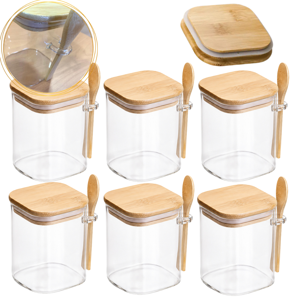 Kit 6, 4 e 2 Potes Vidro 500ml Tampa Bambu Colher Hermético Açúcar