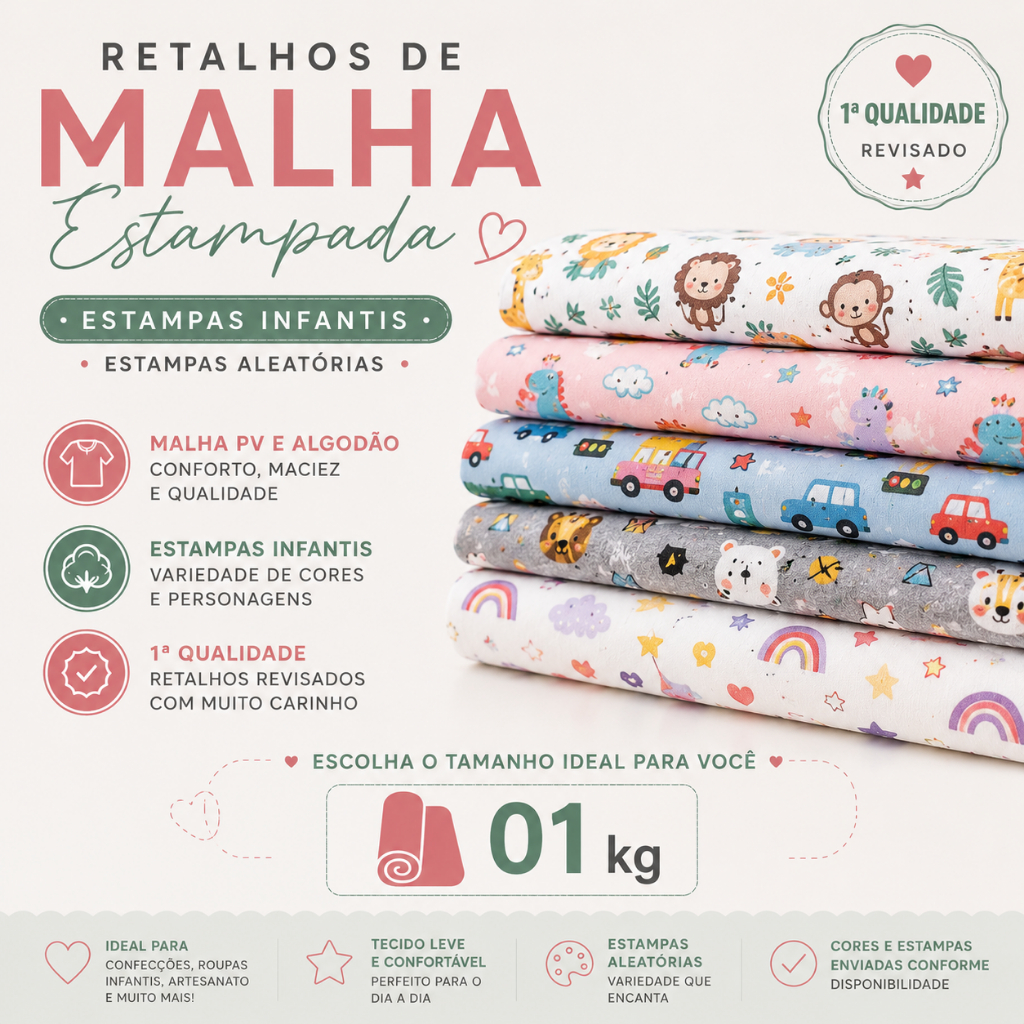 Retalhos de Meia Malha Estampada Infantis (mix algodão e PV). Estampas Sortidas - Pijamas, camisetas e muito mais.