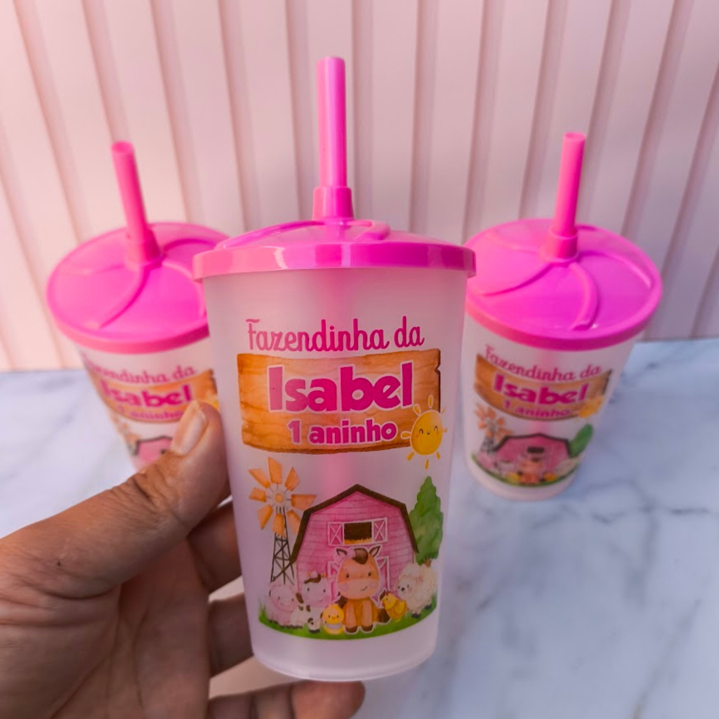 Copo Ecológico Personalizado Fazendinha Rosa | Lembrancinha Aniversário Infantil | Fazemos Qualquer Tema