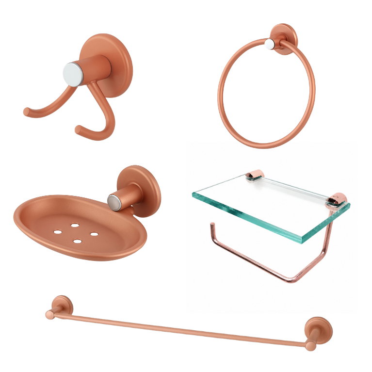 Kit Acessório Para Banheiro Lavabo Rose Gold Com Papeleira Porta Celular De Vidro