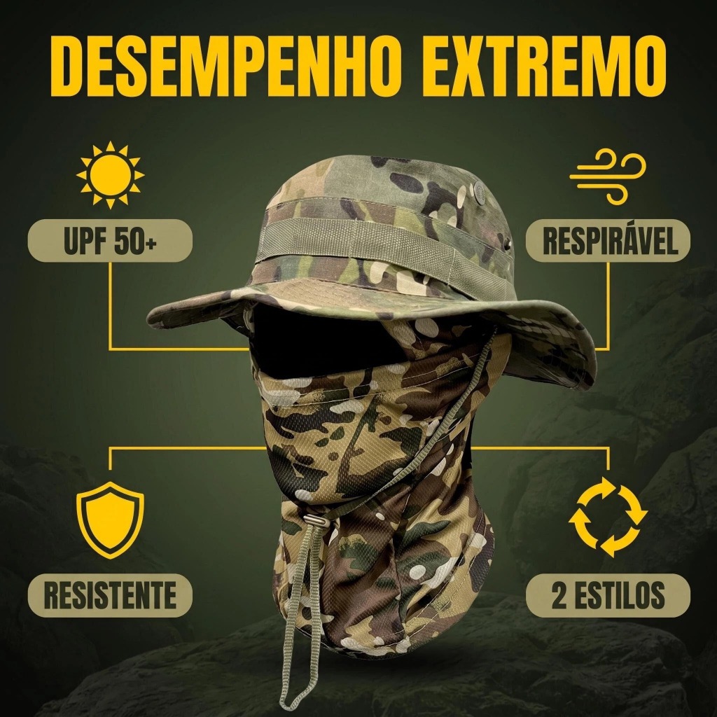 Conjunto Chapéu e Máscara Camuflado Aba Redonda Respirável Proteção Solar para Pesca e Caminhadas ao Ar Livre