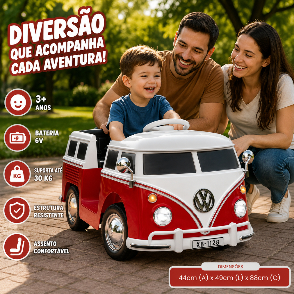 Carrinho Elétrico Infantil Kombi Controle Remoto Luz Som 6V Vermelha Criança