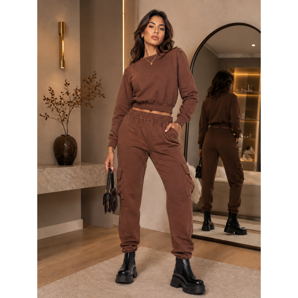 Conjunto Moletom Feminino Moletinho Cargo Blusa Cropped