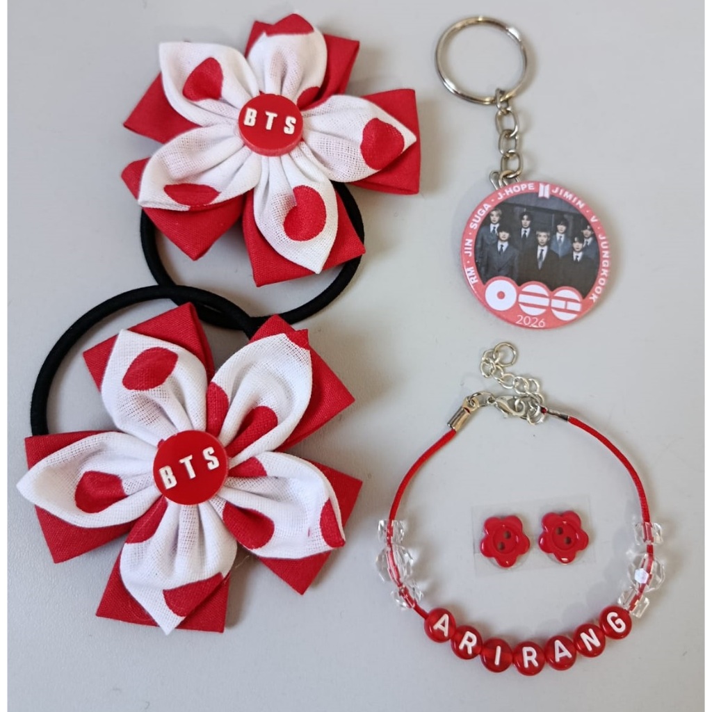 Kit BTS Pulseira + Chaveiro + Elástico de Fuxico - Acessórios Kpop Army Vermelho Arirang