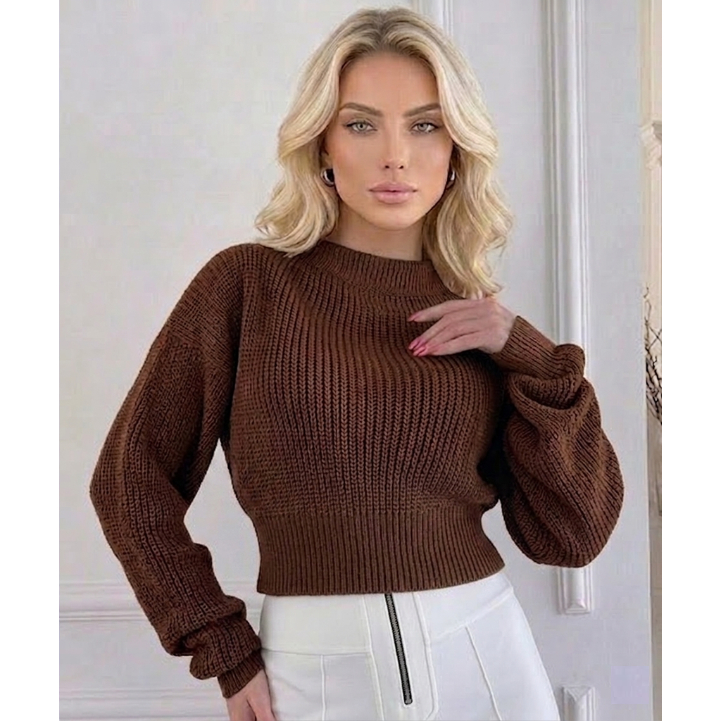 Blusa Cropped Tricô Fang Manga Longa Estilosa Inverno Caimento Comforto Perfeito Feminino