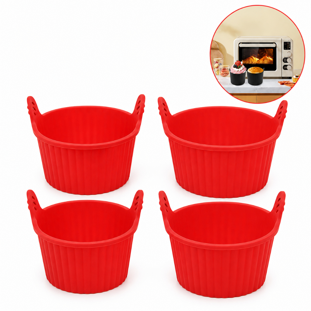 Forma de Silicone Redonda com Alça 4 Peças Vermelha e Preta para Bolo Cupcake Forno Air Fryer 7x9x8cm