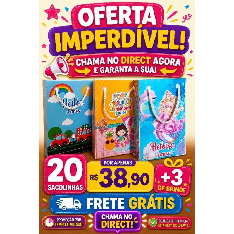 20 Sacolinha surpresa personalizada p / Fazemos qualquer tema lembrancinhas/ aniversário/ festa infantil/ surpresa