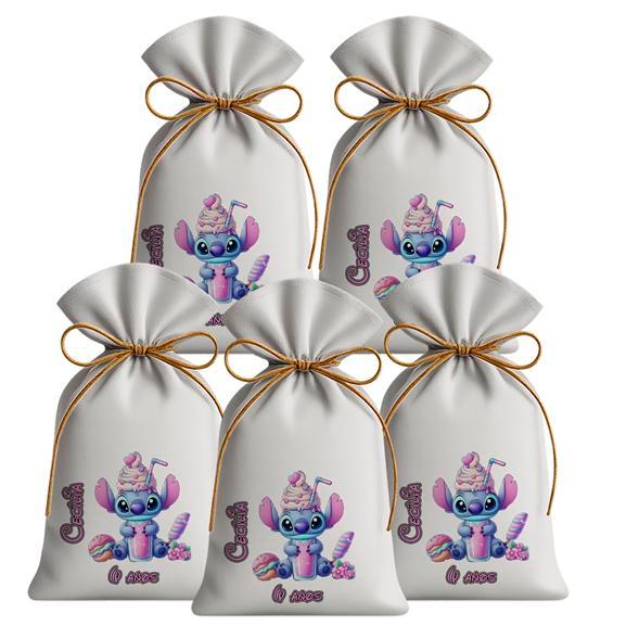 Kit 10 Saquinhos Sacolinhas Lembrancinha Festa Aniversário Tecido Personalizado Stitch Doces