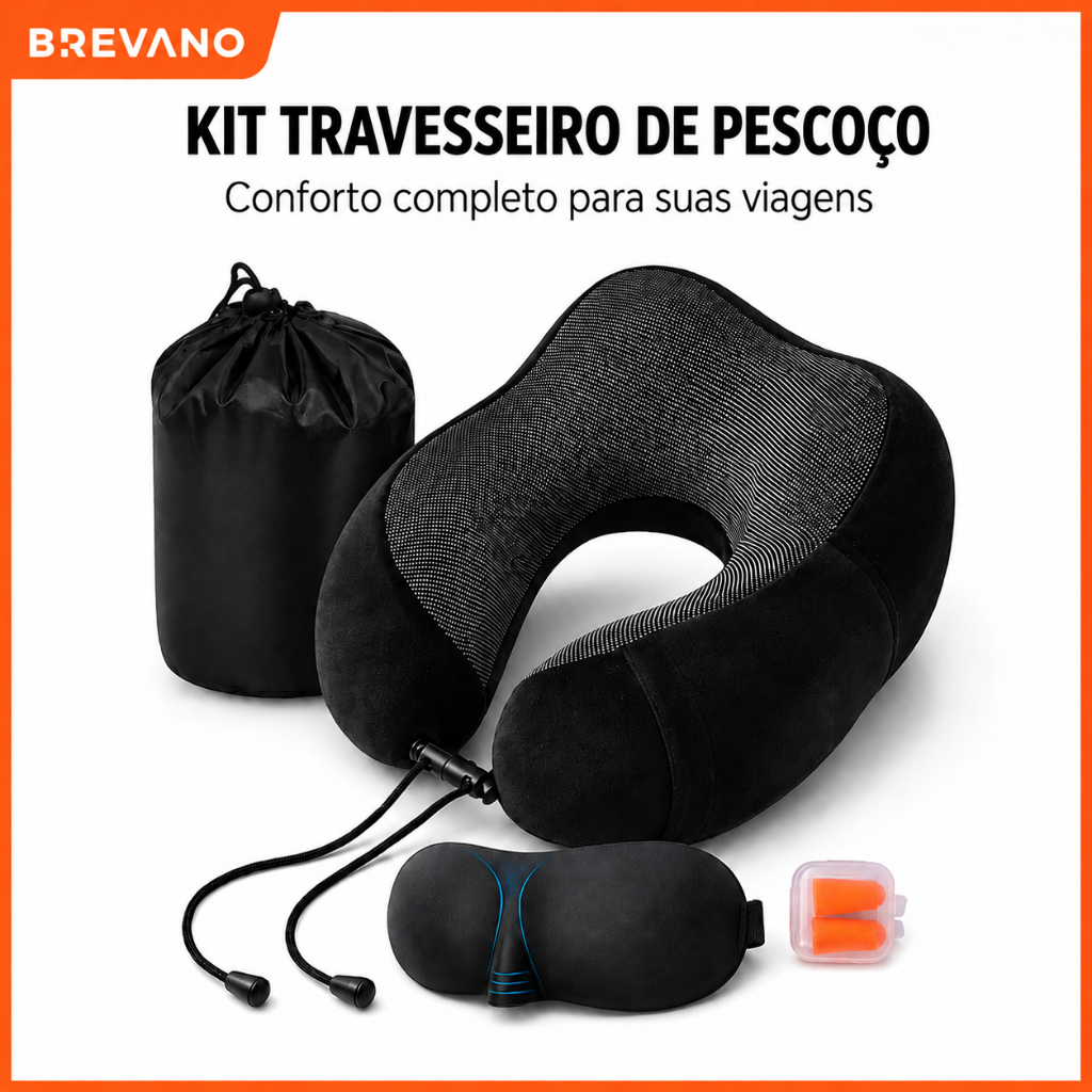 Kit Travesseiro de Pescoço + Tapa Olhos + Tampão de Ouvidos - Kit Viagem - Enchimento de Espuma Viscoelástica