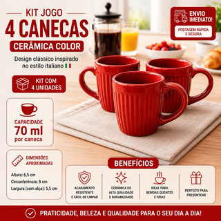 Kit 4 Canecas Café Xícara Gole Itália Cerâmica 70ml Resistente Luxo Mesa Posta Elegância no Servir