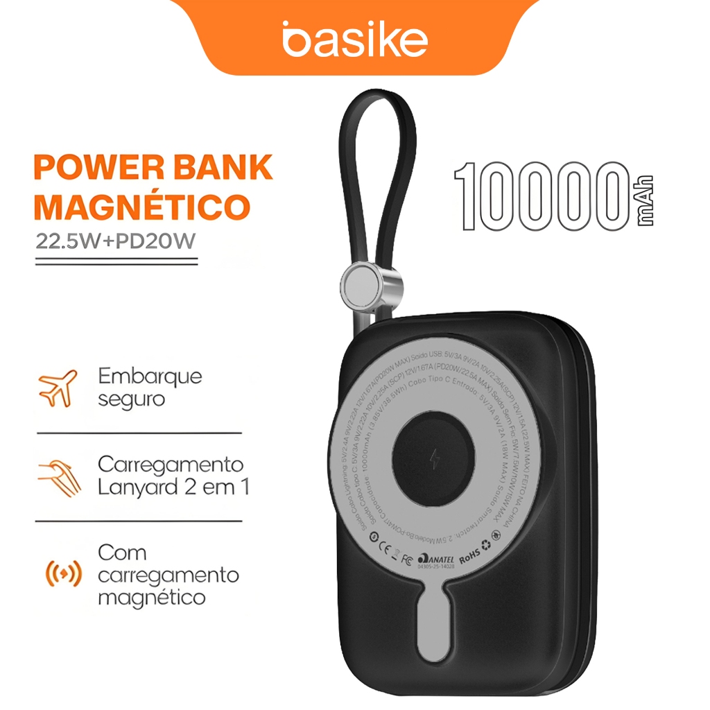 BASIKE Carregador Portátil Magnético 10000mAh Magsafe PD 22.5W Sem Fio 15W Qi Portátil