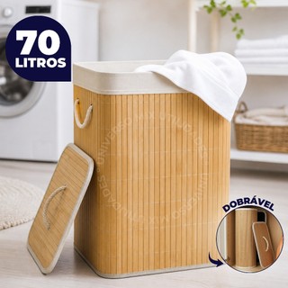Cesto de Roupa de Bambu Dobrável Com Tampa e Alça 70 Litros Organizador Multiuso Com Forro