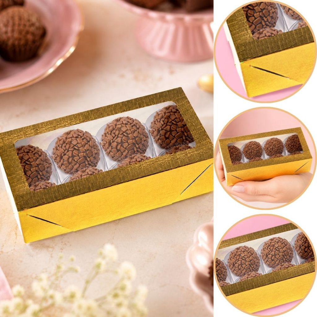 10~50 CAIXA LAMINADA C/ VISOR (08 DOCES) 4x16x8 cm OURO 4670 (CHOCO)