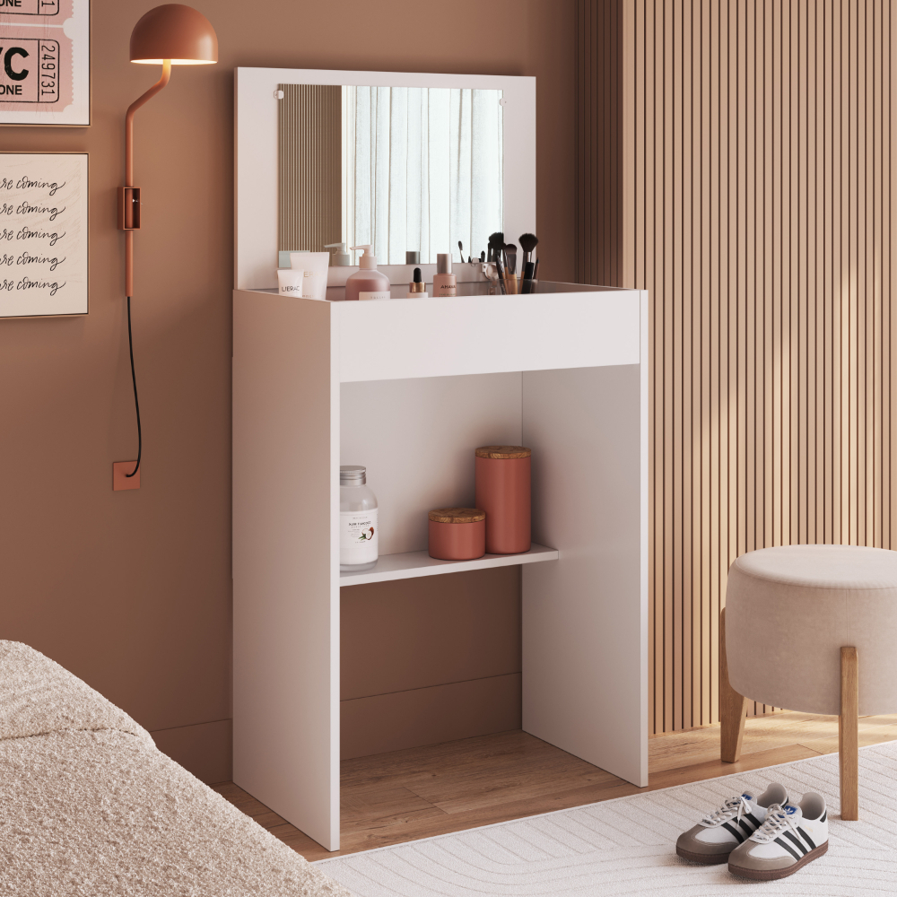 Penteadeira Escrivaninha Camarim com Espelho 1 Porta 1 Prateleira 57cm PE508 Branco - Art In Móveis