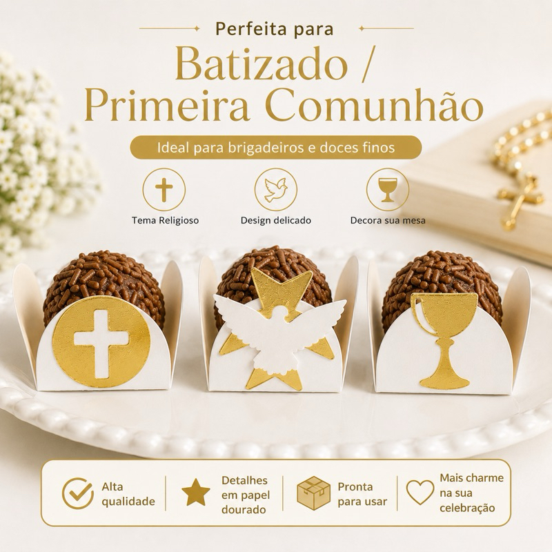 Forminha para Doces Batizado e Primeira Comunhão Papel Dourado