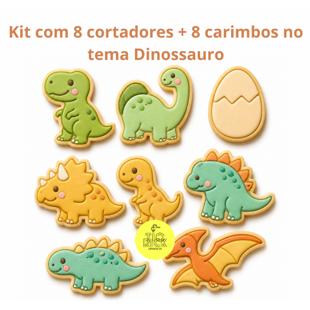 kit 8 cortador e marcador carimbo no tema dino baby, dinossauro para biscoitos, pasta americana, massinha, lembrancinha