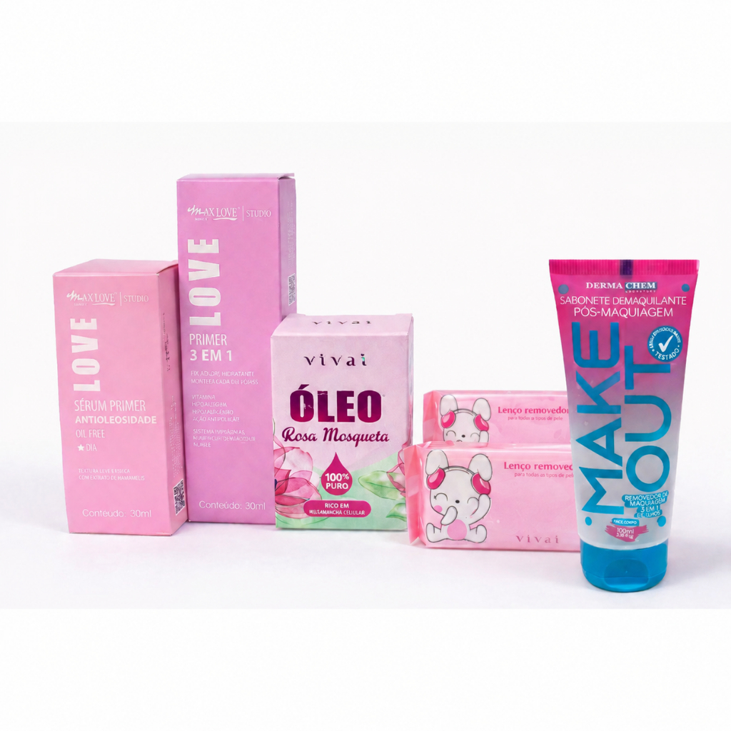 Kit Skincare Completo: Sérum, Primer e Max Love, 2 Lenços, Óleo Rosa Mosqueta, Sabonete Dermachem