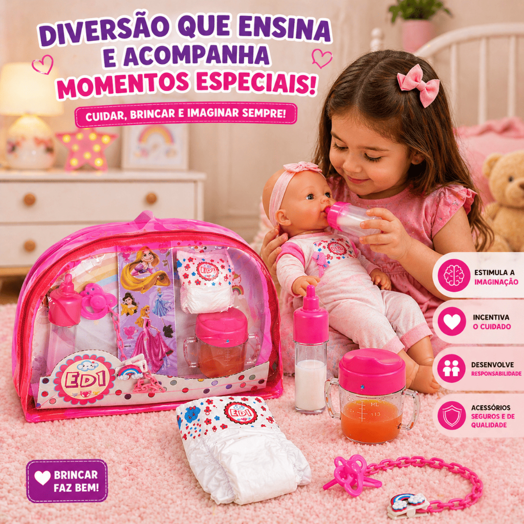 Bolsa Maternidade Infantil Acessórios Boneca Reborn pequena Brinquedo Menina Mamdeira Fralda Chupeta