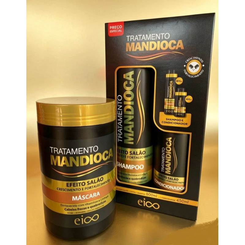 Kit Eico Tratamento Mandioca Original Shampoo Condicionador e Máscara 1kg Força e Crescimento