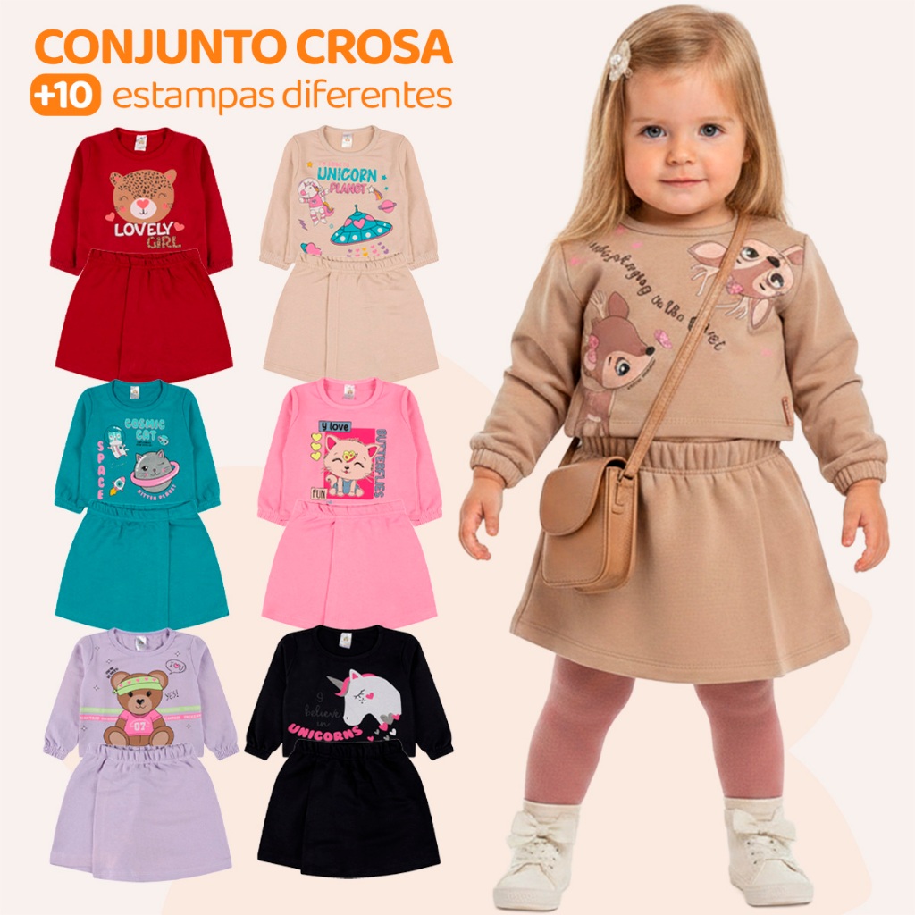 Kit Sortido 2 ou 4 Peças Menina Short Saia e Cropped Moletinho 100% Algodão Tamanho 2 ao 10