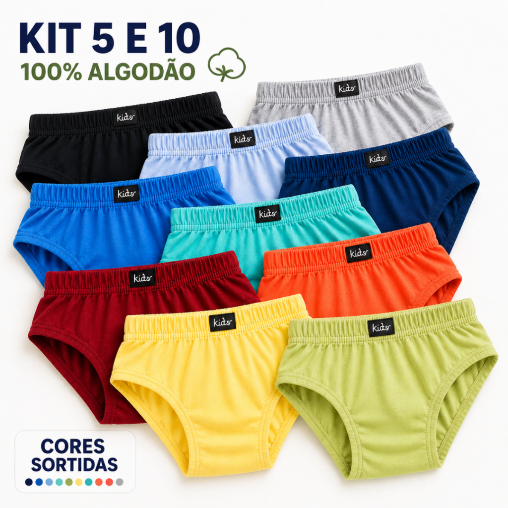 Cueca Infantil Menino 100% Algodão Cores Sortidas Respirável Kit 5 ou 10 Unid Colorido Criança