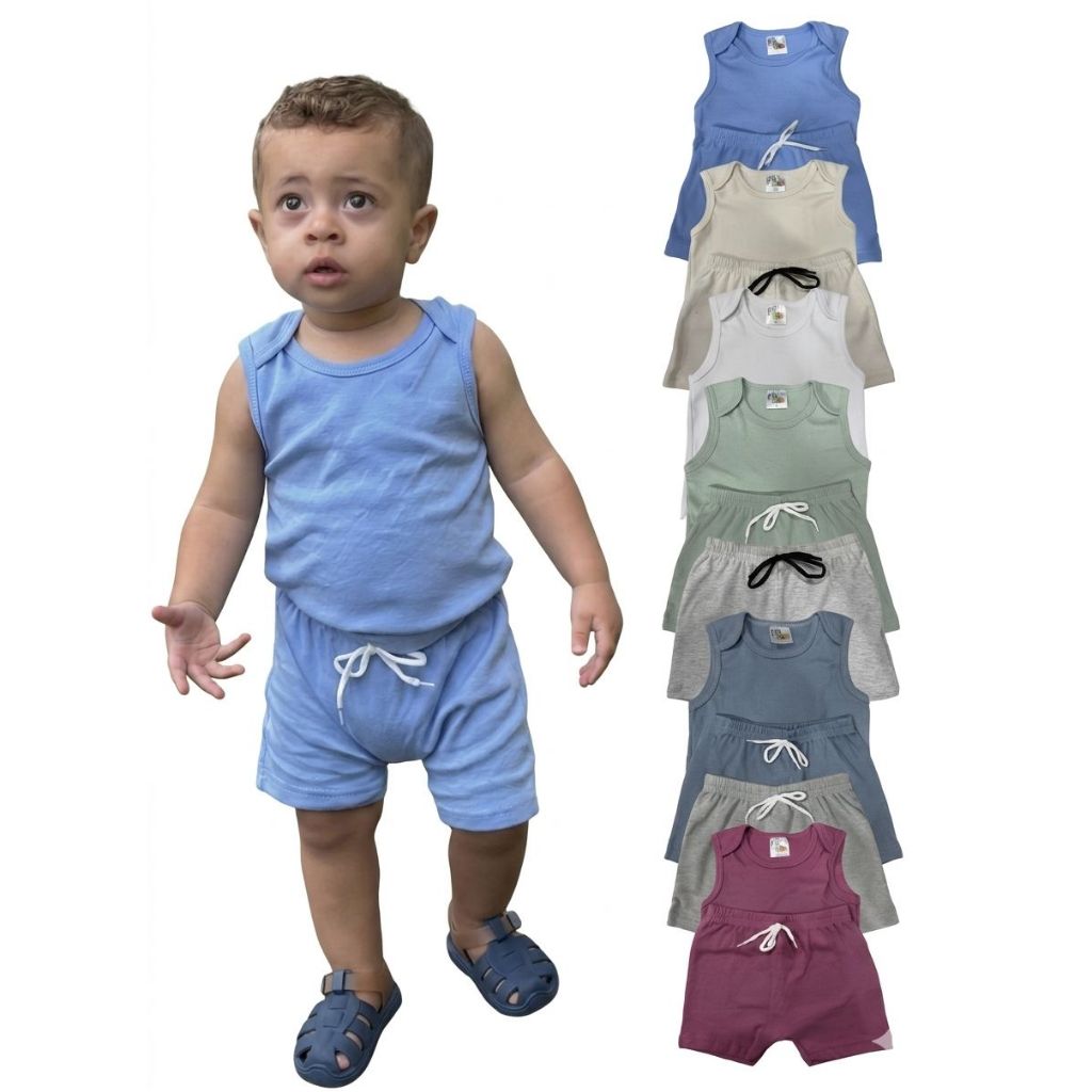kit 2 Conjunto Infantis Verão Regata Gola Envelope +Bermuda Ribana Confortável