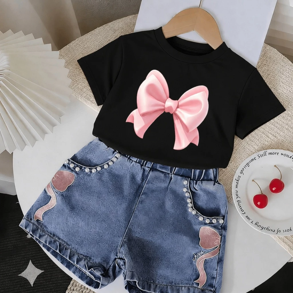Camiseta Blusa Feminina Infantil Menina Laço Rosa Delicada 100% Algodão Estampa DTF Juvenil Estilosa — imagem 1