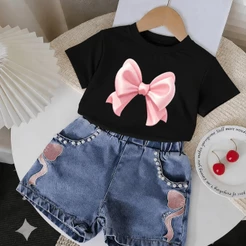 Camiseta Blusa Feminina Infantil Menina Laço Rosa Delicada 100% Algodão Estampa DTF Juvenil Estilosa