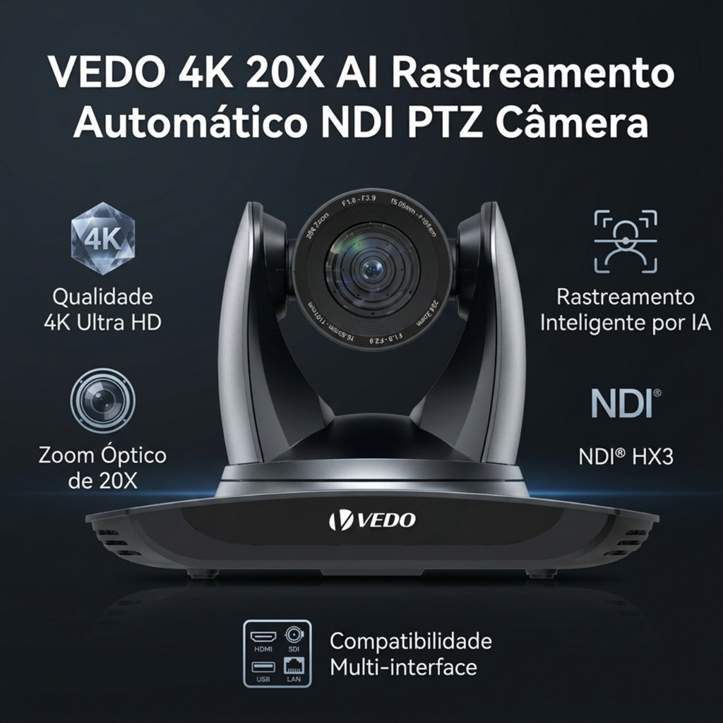 VEDO Câmera Ptz 4K com NDI/SDI Zoom Óptico 20x Ultra HD para Videoconferência e Transmissão ao Vivo