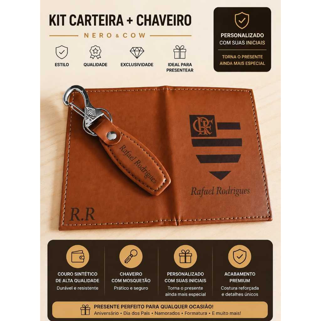 Kit Carteira e Chaveiro Personalizados/Time / Nome/Gravação a Laser /  Dia dos Pais/ Namorados