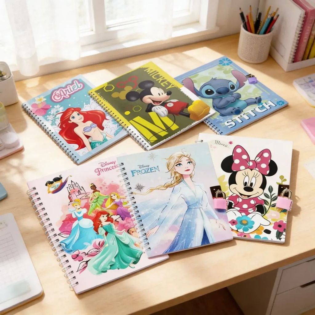 Diario Infantil Caderno com Cadeado 48FL Disney Folhas Desenhadas Princesas Mickey Stitch Minnie