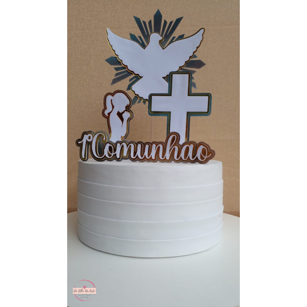 Topo de Bolo Primeira Comunhão Menina Dourado e Prata Personalizado Luxo Festa  Comunhão Cristã