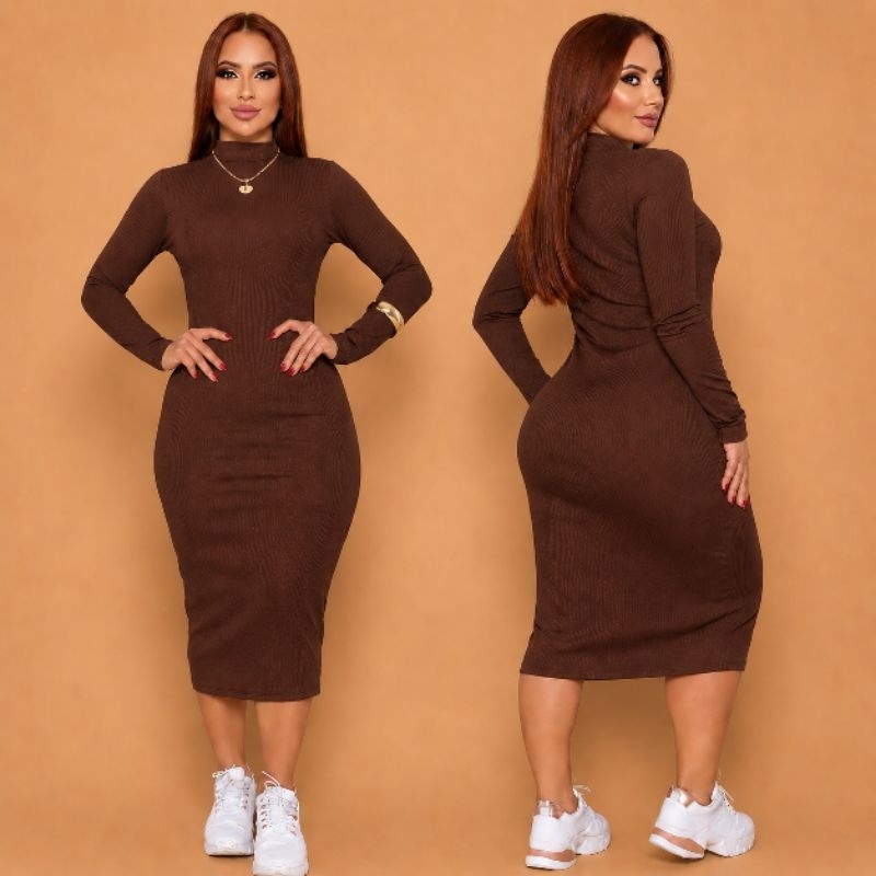 Vestido Feminino Longo de Manga Longa e Gola Alta Canelado Premium Mais Vendidos Inverno Casual
