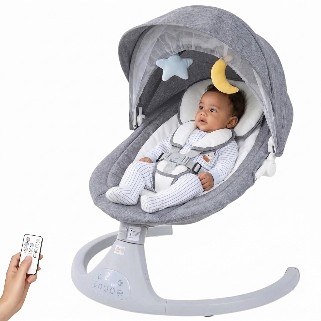 Cadeira de Descanso e Balanço Cadeirinha para Bebê com Musica Mosquiteiro e Controle Remoto Cinza
