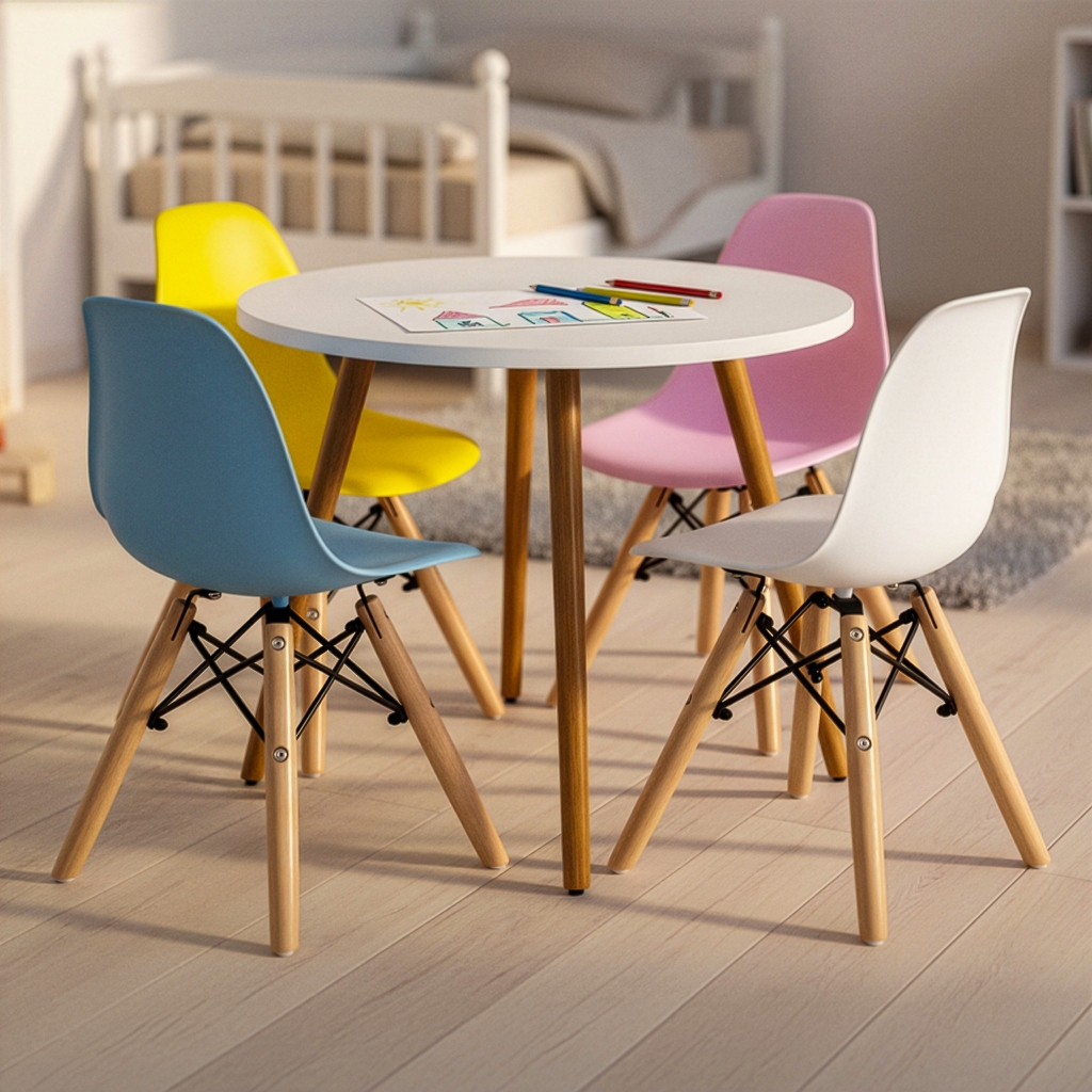 Conjunto Mesa MDF Redonda Infantil 60cm Branca + 4 Cadeiras Charles Eames Eiffel Kids