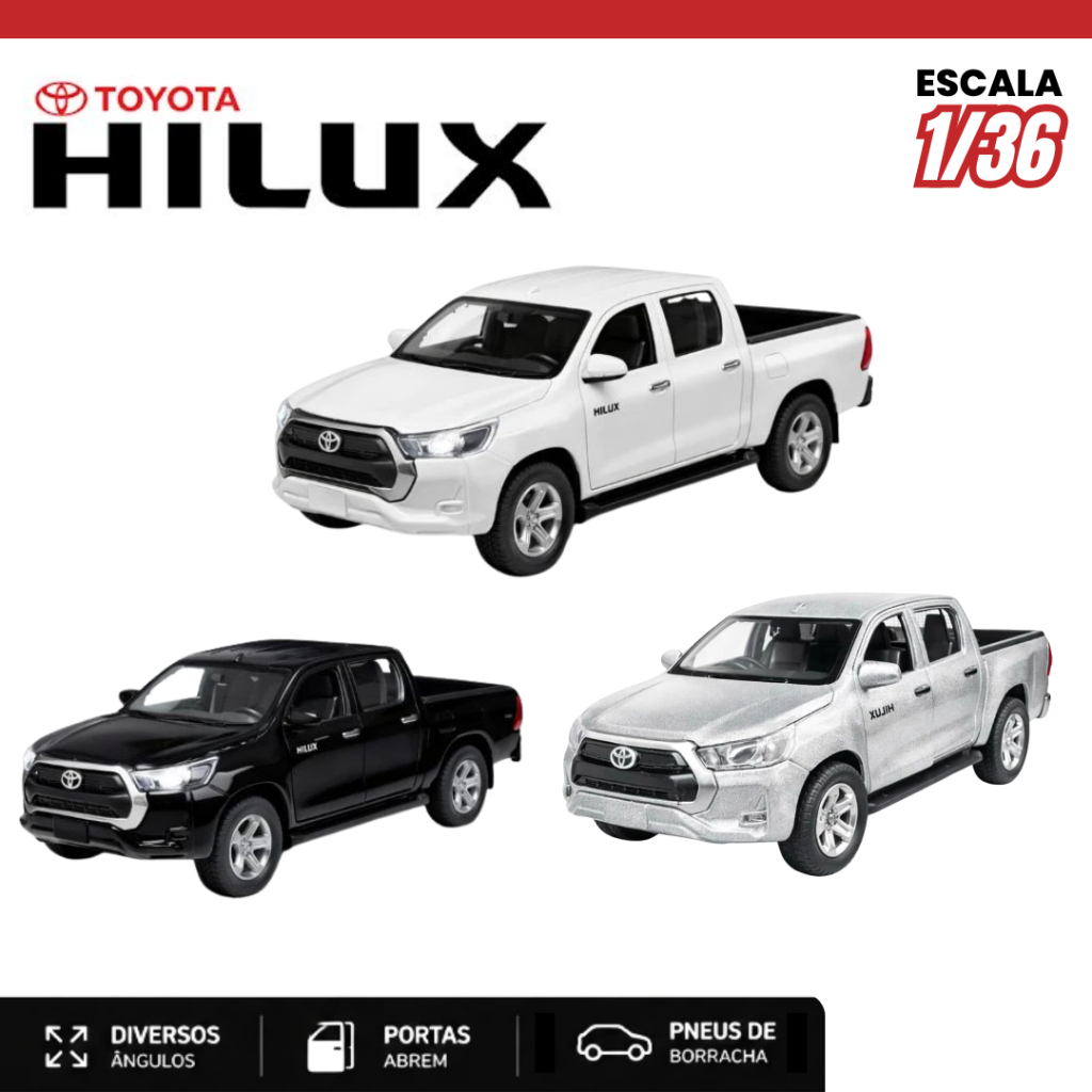 Miniatura Toyota Hilux escala 1/36 para Colecionadores – Metal Premium Cores Azul, Preto e Branco